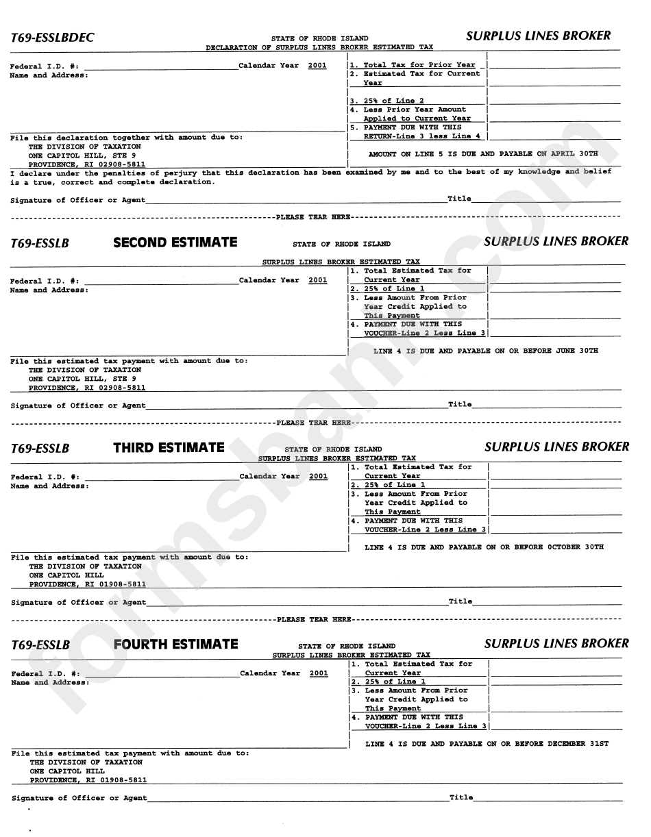 Form T69Esslbdec Declaration Of Surplus Lines Broker Estimated Tax
