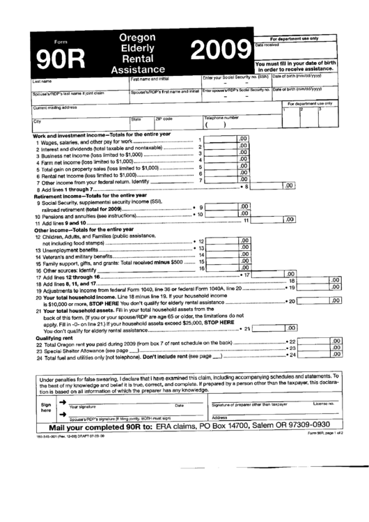 Form 90 R Oregon Elderly Rental Assistance 2009 printable pdf download