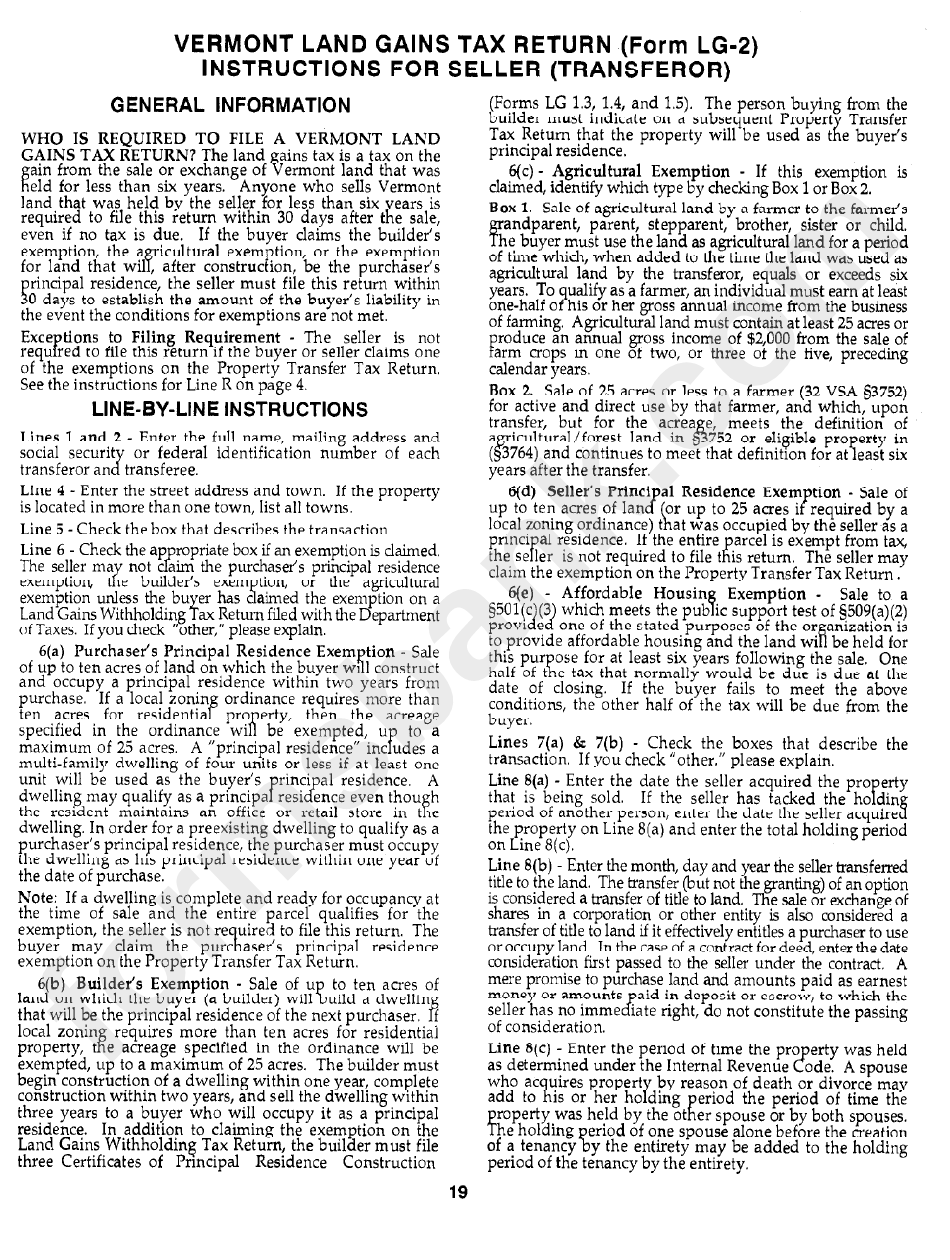 Vermont Land Gains Tax Return (Form Lg2) Instructions For Seller