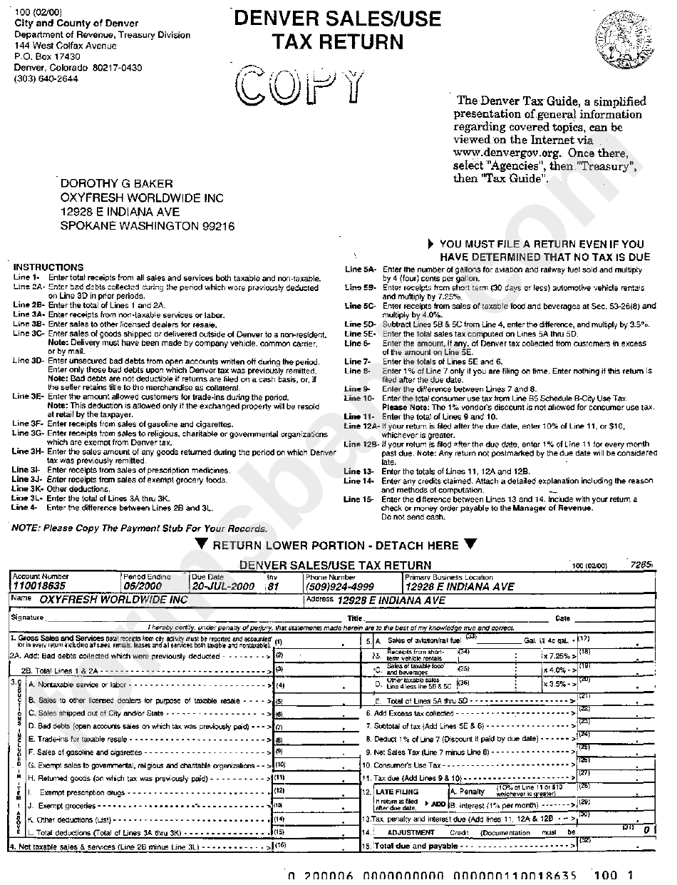 Form 100 Denver Sales/use Tax Return printable pdf download