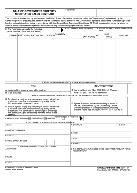 Fillable Standard Form 114e Sale Of Government Property Negotiated