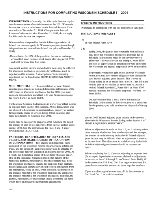 Instructions For Completing Wisconsin Schedule 2001 printable pdf