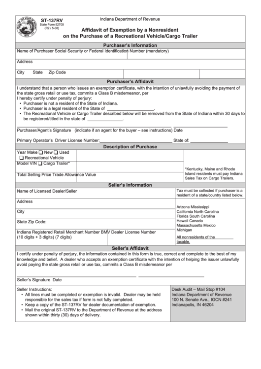 Fillable Form St137rv Affidavit Of Exemption By A Nonresident On The