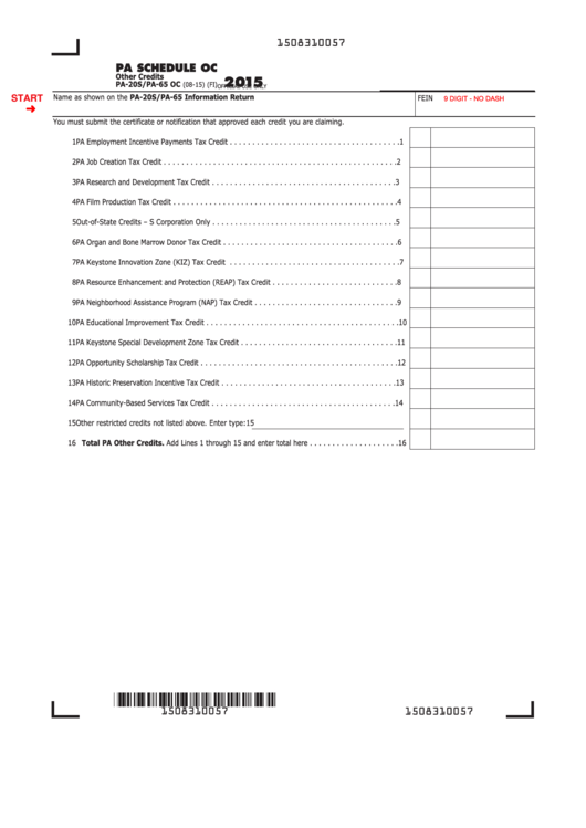 Fillable Pa Schedule Oc (Form Pa20s/pa65 Oc) Other Credits 2015 printable pdf download