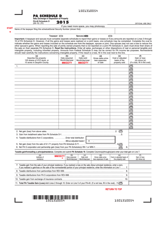 Fillable Pa Schedule D (Form Pa40) Sale, Exchange Or Disposition Of Property 2015 printable