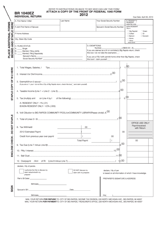 Form Br 1040ez - Attach To 1040 Form - Individual Return - 2012