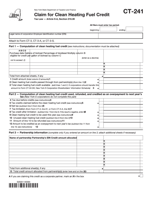 Form Ct241 Claim For Clean Heating Fuel Credit 2014 printable pdf