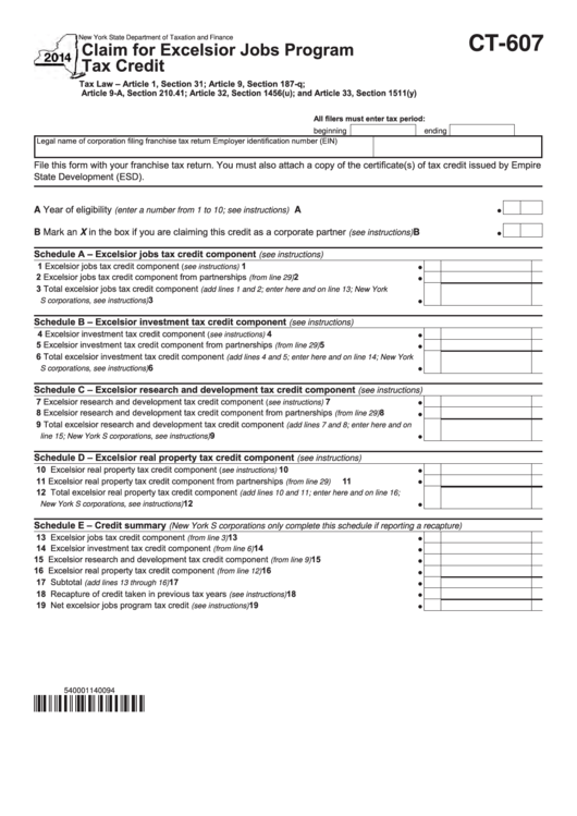 Form Ct607 Claim For Excelsior Jobs Program Tax Credit 2014