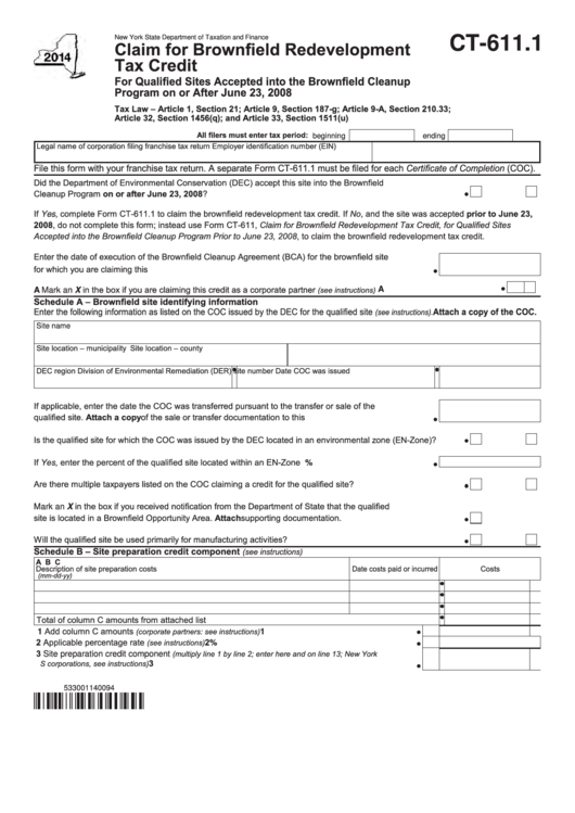 Form Ct611.1 Claim For Brownfield Redevelopment Tax Credit 2014