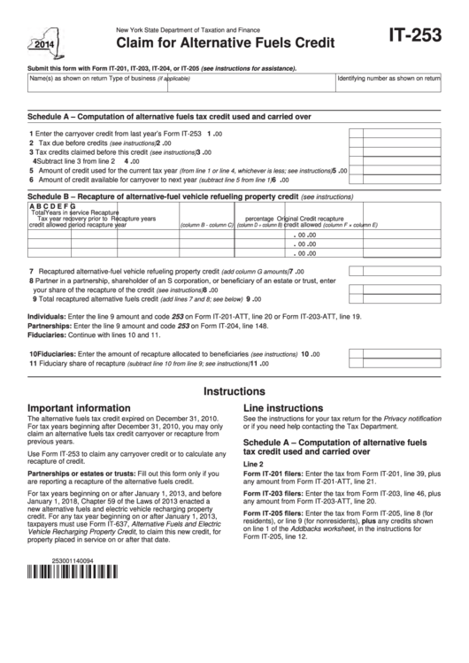 Fillable Form It253 Claim For Alternative Fuels Credit 2014