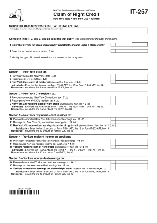 Fillable Form It257 Claim Of Right Credit 2014 printable pdf download