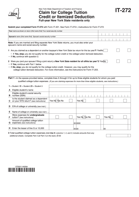 Fillable Form It272 Claim For College Tuition Credit Or Itemized