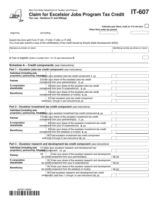 Fillable Form It607 Claim For Excelsior Jobs Program Tax Credit