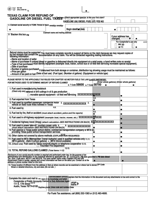 Fillable Form 06106 Texas Claim For Refund Of Gasoline Or Diesel
