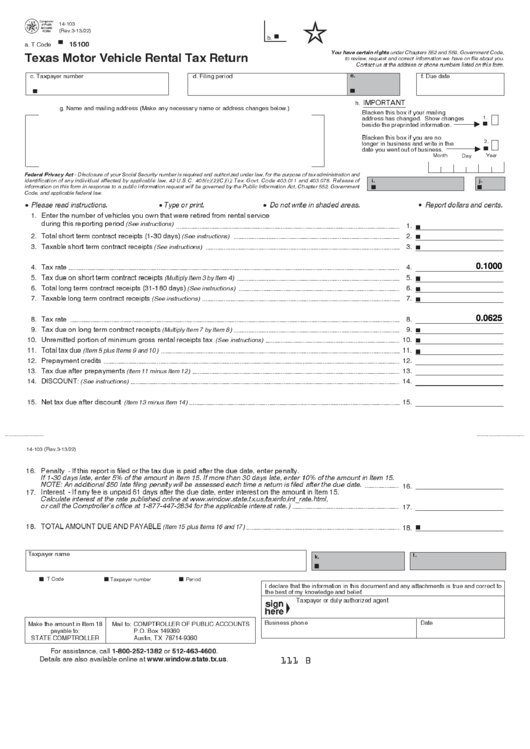 Fillable Form 14103 Texas Motor Vehicle Rental Tax Return printable