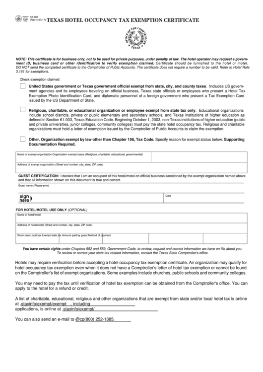Fillable Form 12302 Texas Hotel Occupancy Tax Exemption Certificate