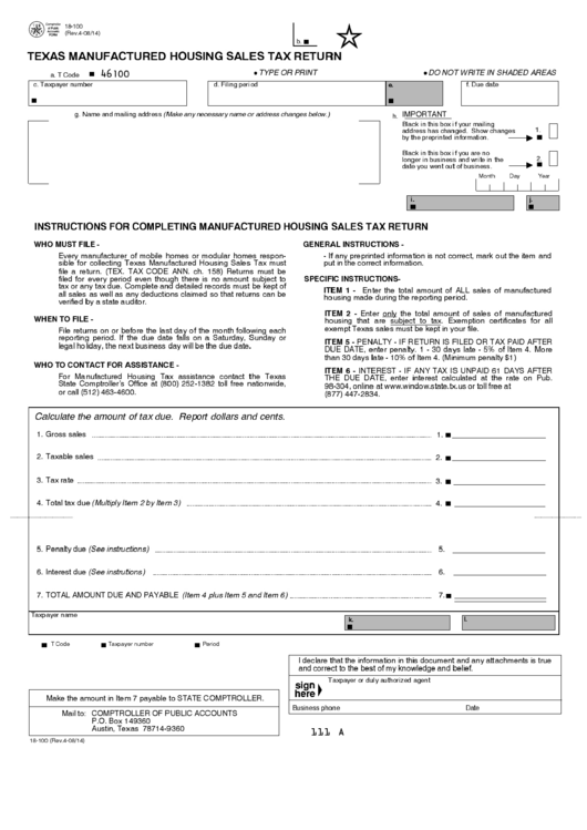 Fillable Form 18100 Texas Manufactured Housing Sales Tax Return