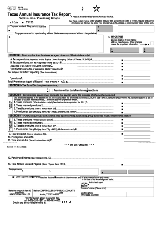 Fillable Form 25104 Texas Annual Insurance Tax Report printable pdf