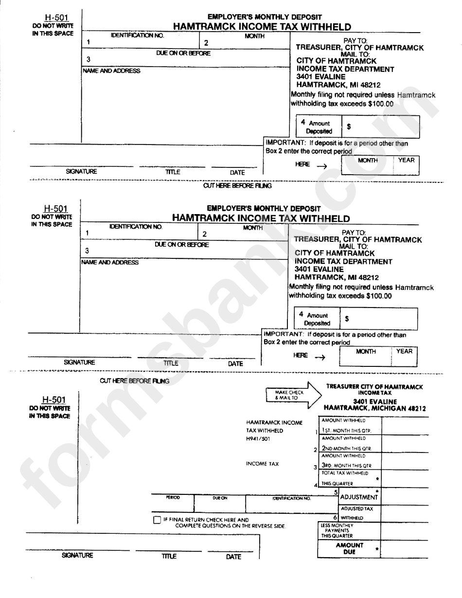 Form H501 Employer'S Monthly Deposit Hamtramck Tax Withheld