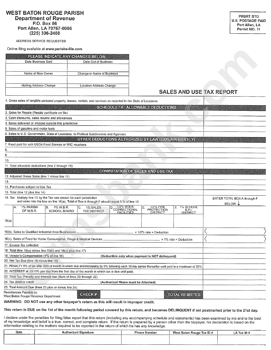 Sales And Use Tax Report West Baton Rouge Parish printable pdf download