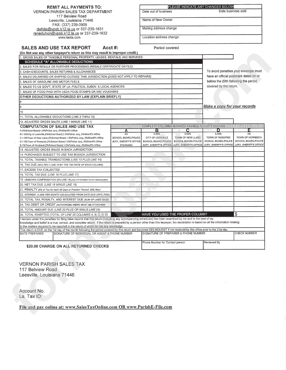 Sales And Use Tax Report Vernon Parish printable pdf download