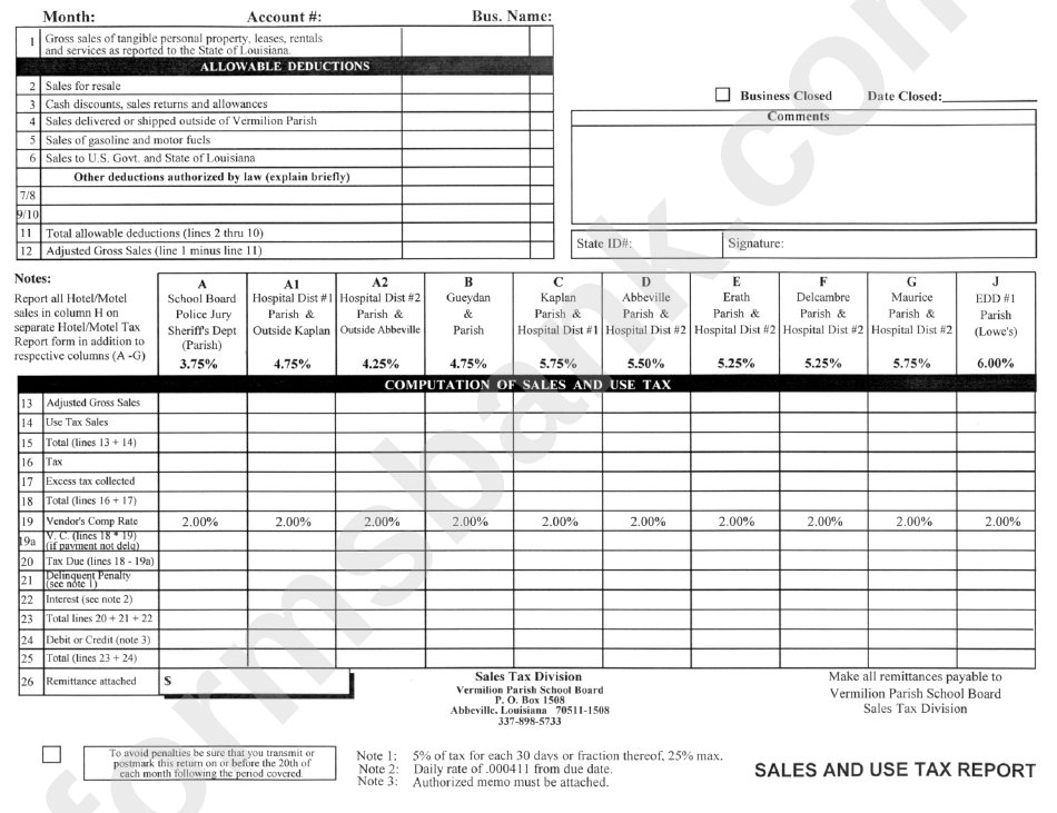 Sales And Use Tax Report Varmilion Parish printable pdf download