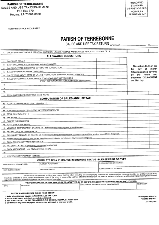 Sales And Use Tax Return Parish Of Terrebonne printable pdf download