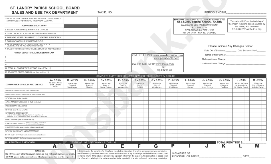 Sales And Use Tax Form St. Landry Parish printable pdf download