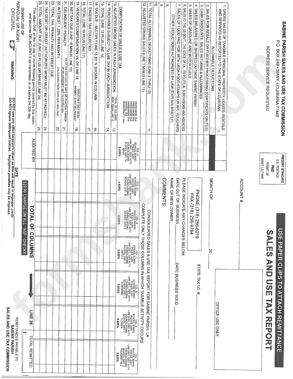Sales And Use Tax Report Sabine Parish printable pdf download