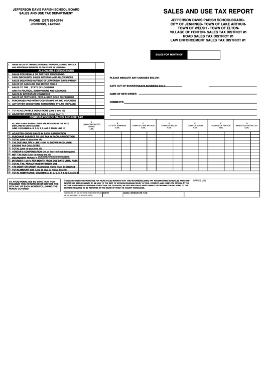 Sales And Use Tax Report Jefferson Davis Parish printable pdf download
