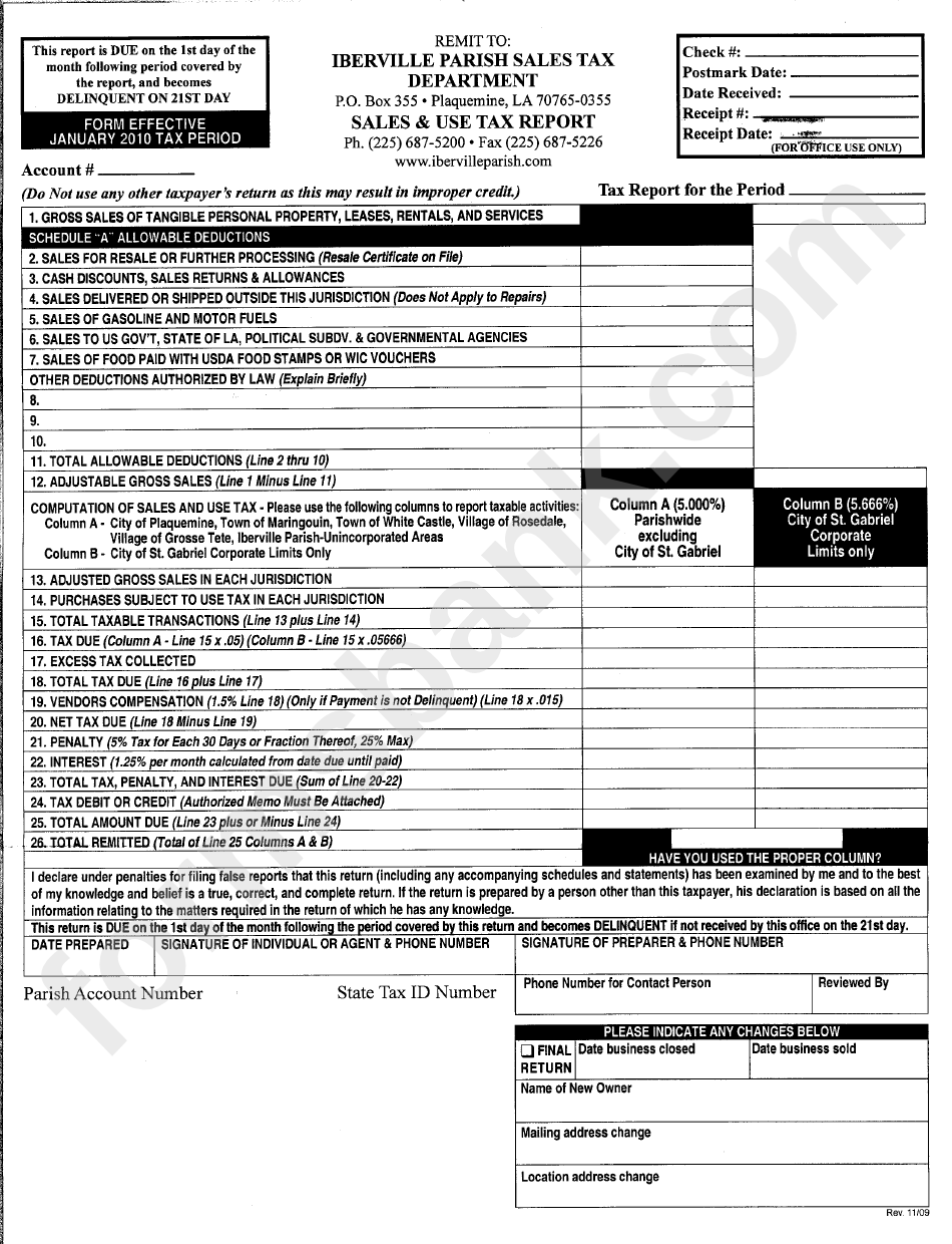 Sales And Use Tax Report Iberville Parish printable pdf download