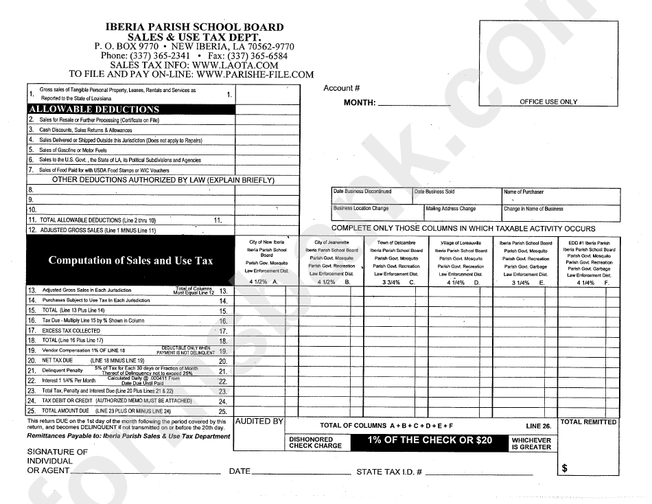 Sales And Use Tax Report Iberia Parish printable pdf download