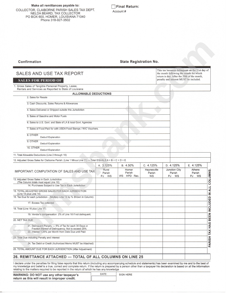 Sales And Use Tax Report Claiborne Parish printable pdf download