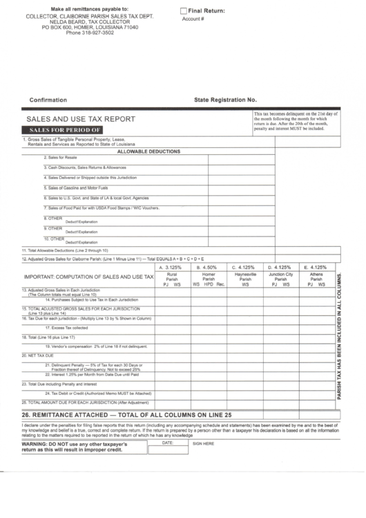 Sales And Use Tax Report Claiborne Parish printable pdf download