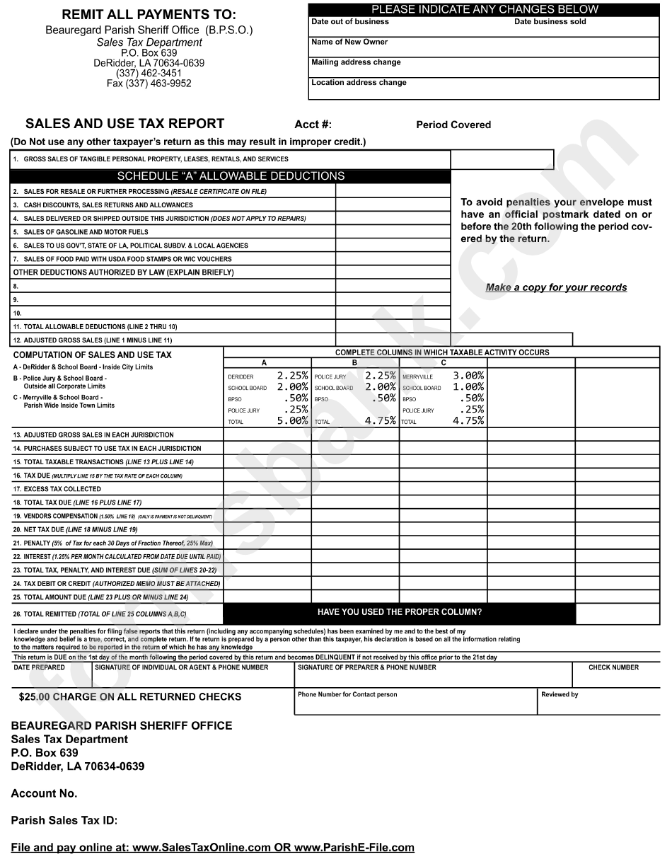 Sales And Use Tax Report Beauregard Parish printable pdf download