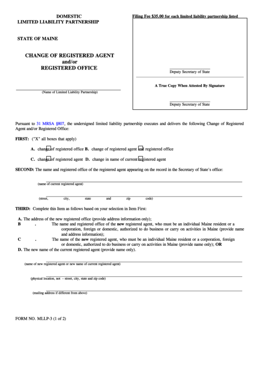 Fillable Form Mllp3 Change Of Registered Agent And/or Registered Office printable pdf download