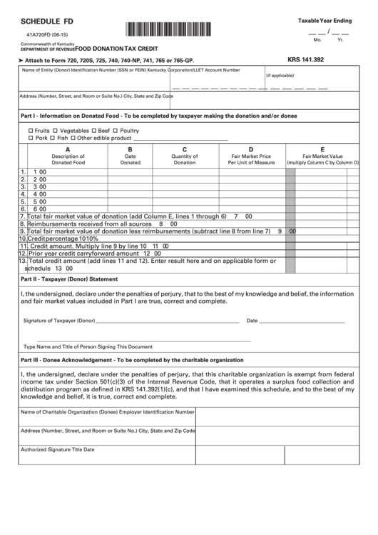 Fillable Schedule Fd (Form 41a720fd) Food Donation Tax Credit