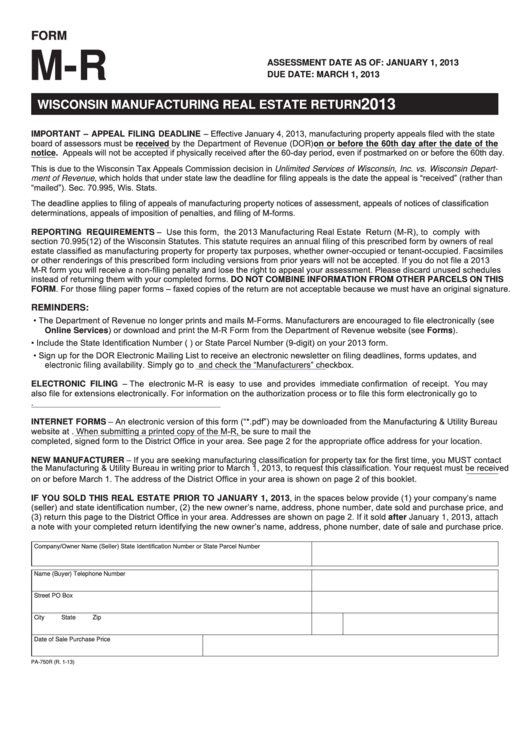 Fillable Form MR Wisconsin Manufacturing Real Estate Return 2013