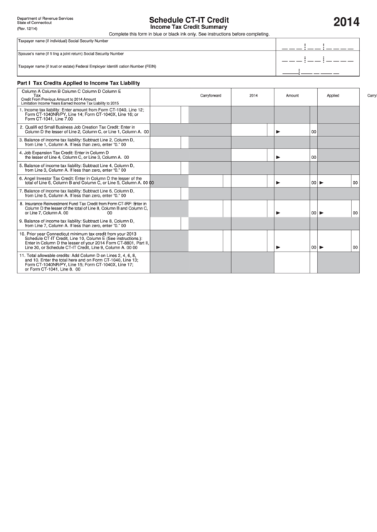 Schedule CtIt Credit Tax Credit Summary Connecticut