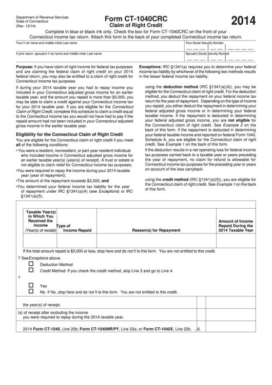 Fillable Form Ct1040crc Claim Of Right Credit Connecticut