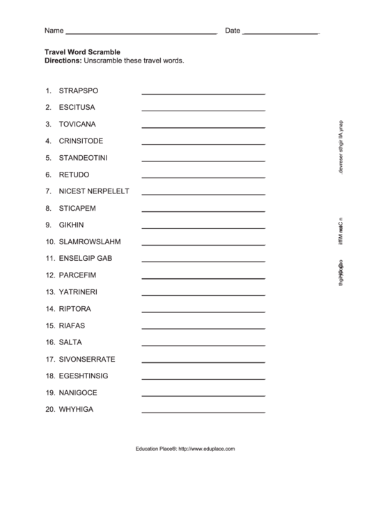 Travel Word Scramble Worksheet printable pdf download