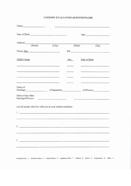 Fillable Custody Evaluation Questionnaire Template printable pdf download