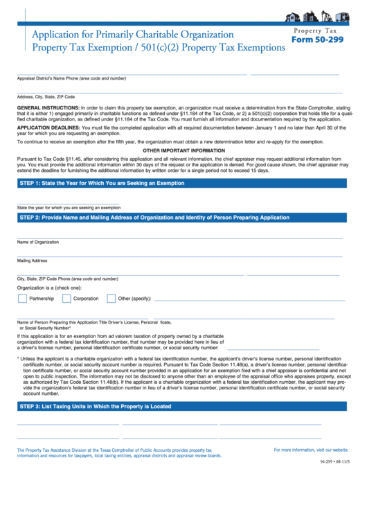 Fillable Form 50299 Application For Primarily Charitable
