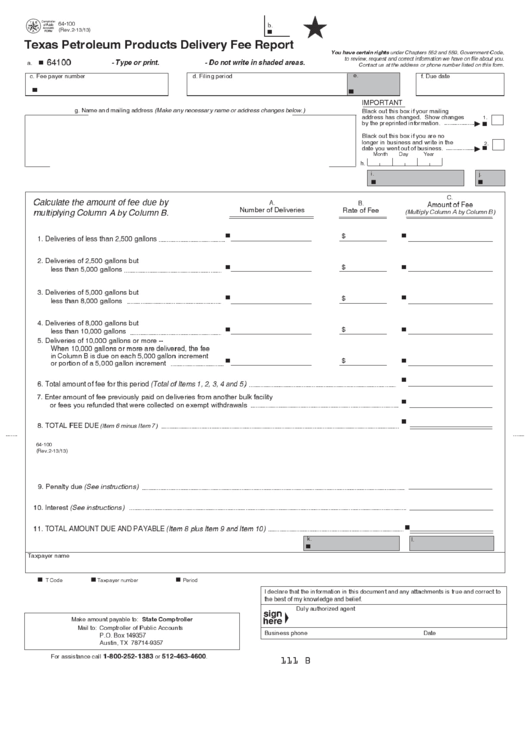 Fillable Form 64100 Texas Petroleum Products Delivery Fee Report