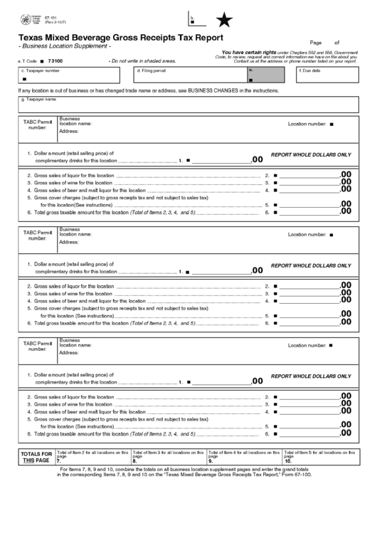 Fillable Form 67101 Texas Mixed Beverage Gross Receipts Tax Report