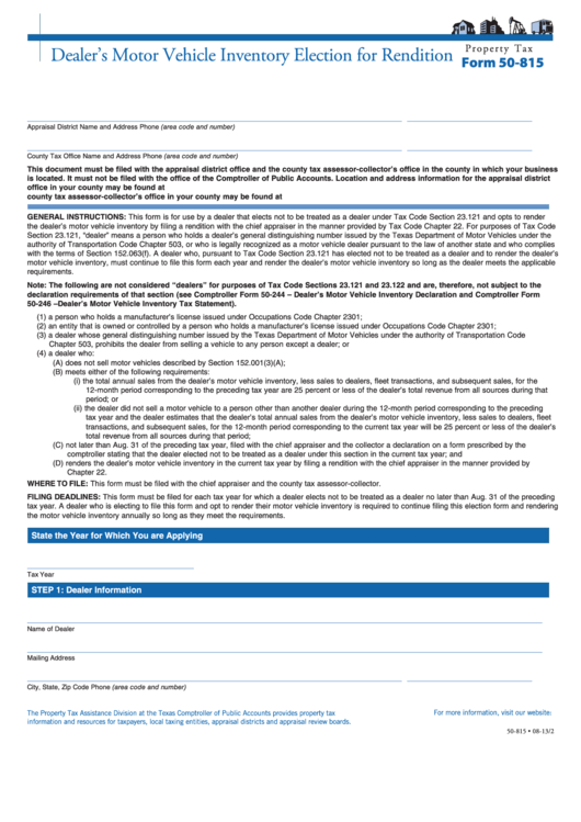 Fillable Form 50815 Dealer'S Motor Vehicle Inventory Election For