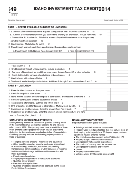Fillable Form 49 Idaho Investment Tax Credit 2014 printable pdf