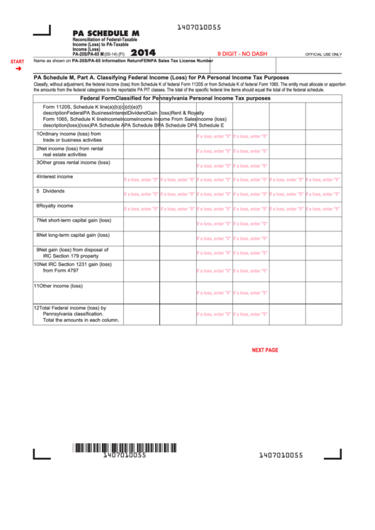 Fillable Pa Schedule M (Form Pa20s/pa65 M) Reconciliation Of