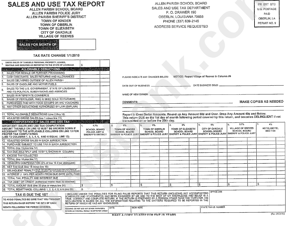 Sales And Use Tax Report Allen Parish printable pdf download
