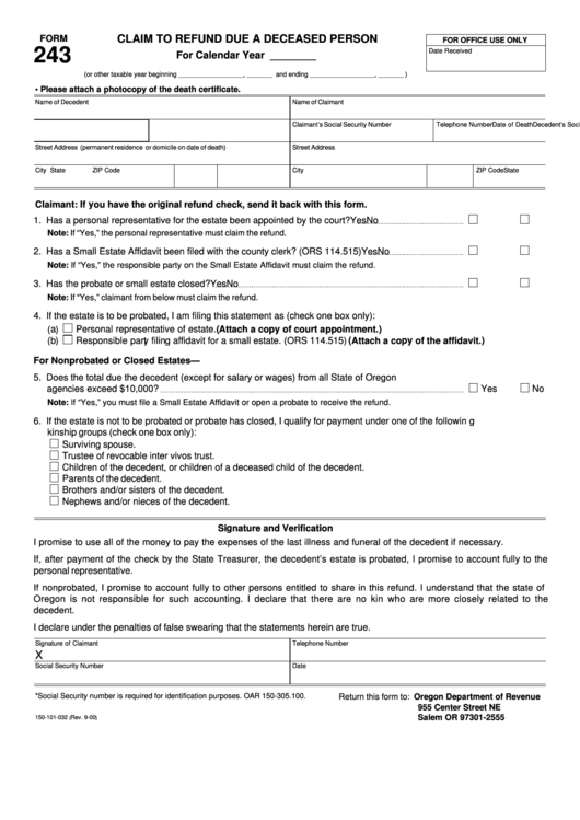Form 243 Claim To Refund Due A Deceased Person printable pdf download